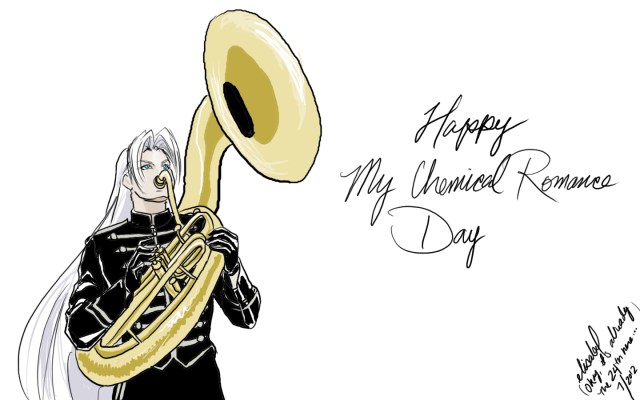 The result of a deep, philosophical debate about what musical instrument Sephiroth would play. Of course, I said "sousaphone," and it just happened to be My Chemical Romance Day. (July 23, 2012)