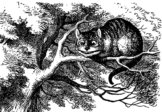 Illustration of the Cheshire Cat sneering while up in a tree from the original "Alice's Adventures in Wonderland."