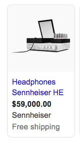 Screenshot showing the Sennheiser HE Headphones, priced at $59,000. It's really a heaphones plus tube amp set up.