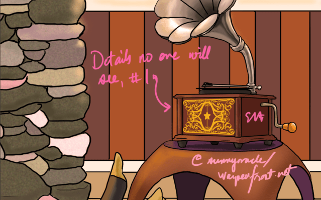 Crop showing the detailed arabesque design on the phonograph