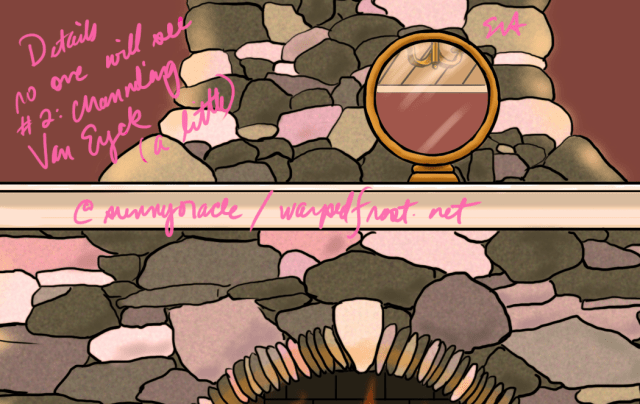 Close-up showing the mirror on the mantle. The reflection in it shows a wall and ceiling and the bottom edge of a small chandelier.