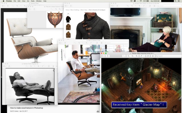 Screenshot showing various references photographs, including Eames chairs, a fancy sconce, a man in a cozy sweater, and a screen from the original FFVII in Icicle Inn.