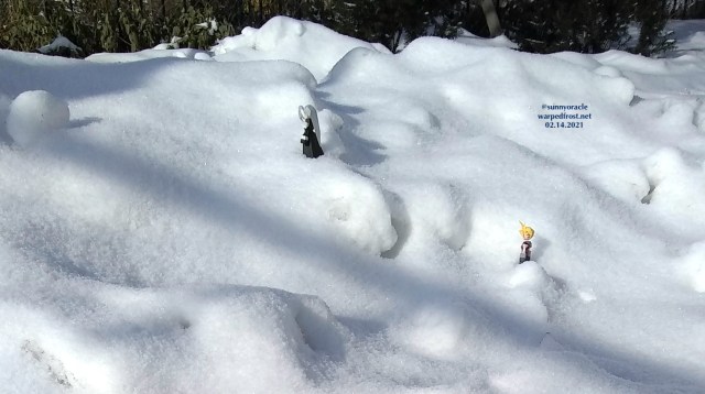 A photo showing the Sephiroth and Cloud figures in profile, with Sephiroth ahead of Cloud, with his back to him. They are in a field of lumpy snow.