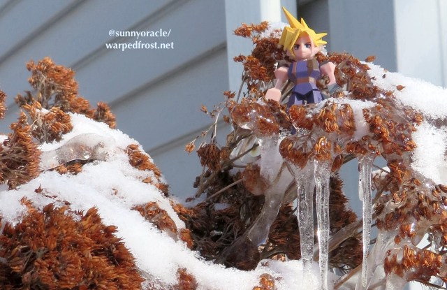 A Cloud Strife Polygon figure stands in a branch of dried sedum which as frozen over. There is powdery snow on top of the sedum, and icicles hanging down below. Some of the dried flowers are encased in ice.