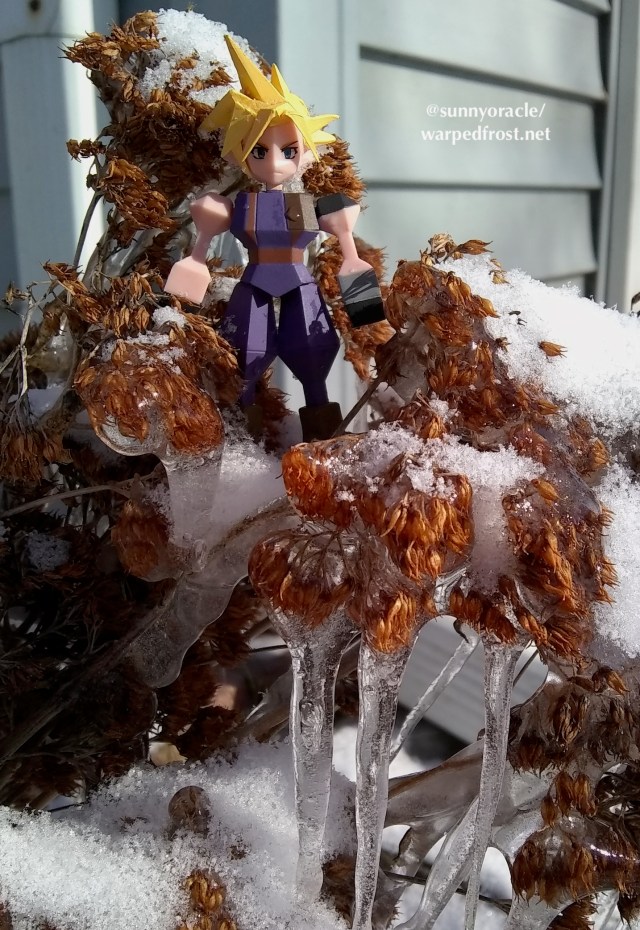 Another photo of the Cloud Polygon figure sitting in the frozen sedum.