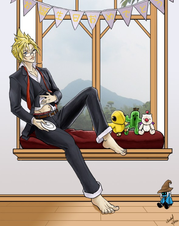 Cloud Strife sitting in a bay window dressed in a 3-piece suit holding an empty plate and rubbing his belly like he's full.