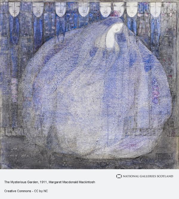 A square watercolor painting. Nearly the entire picture plane is taken up by a round blue figure which appears to be composed of the hair of a woman. Above her are eight faces with peaceful and/or sleep expressions. The painting is by Margaret Macdonald Mackintosh and is entitled Mysterious Garden.