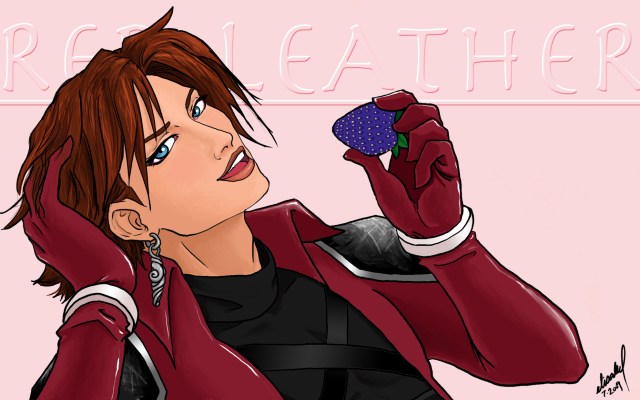 Bust-up drawing of Genesis Rhapsodos holding a "dumb berry" (a purple strawberry, a la Banora white apples).