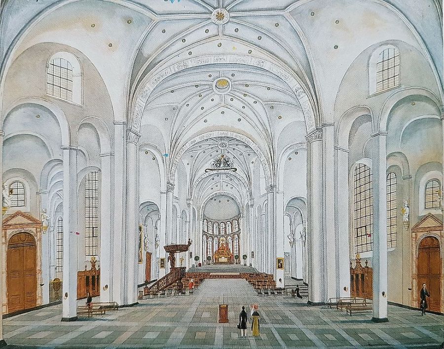 Drawing showing the interior of a church. It is gothic style, with many arches, and is almost entirely white.
