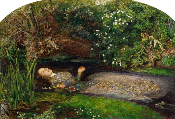 This depiction of Ophelia shows a woman in a white dress floating face-up in a stream, surrounded by flowers that she must have brought, the slanted willow tree Queen Gertrude mentions, and other vegetation.