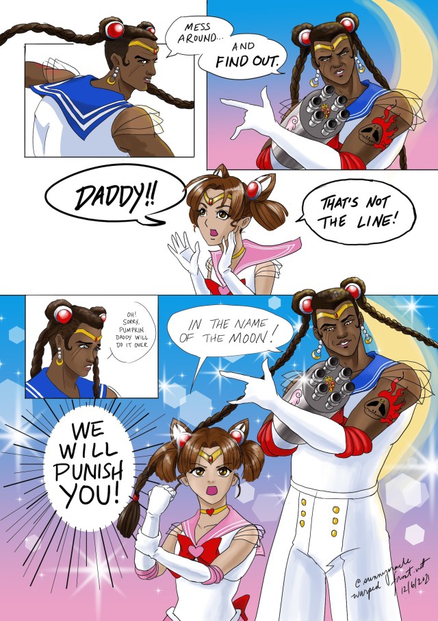 Barrett and Marlene as Sailor Moon and Sailor Chibi Moon. At first Barrett says "Mess around and find out" while posing, but Marlene yells at him. They end by saying "In the name of the moon, we will punish you" and doing the iconic pose