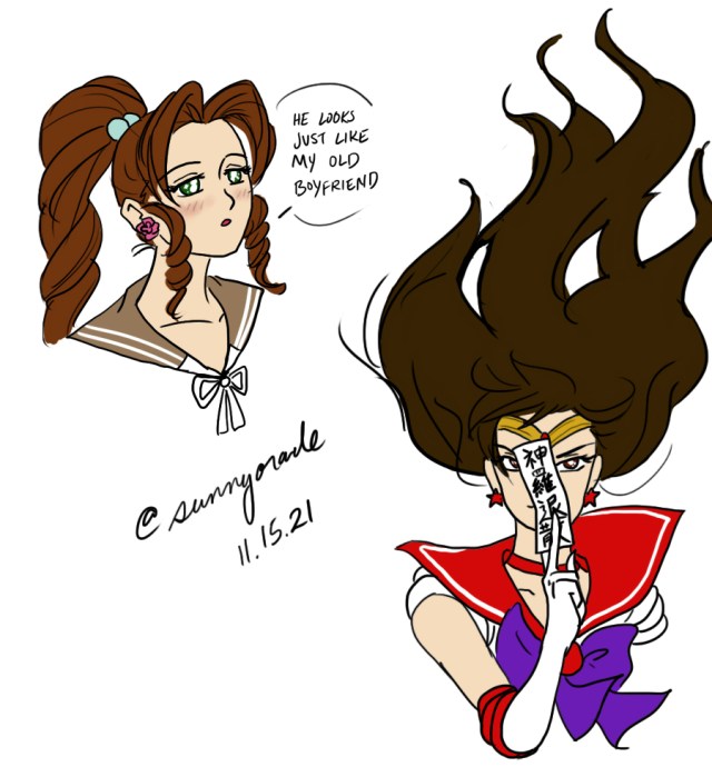 Aerith as Lita/Makoto saying "He looks just like my old boyfriend," and Tifa as Sailor Mars with a charm that says "Shinra Begone" rather than "Evil Spirits Begone"