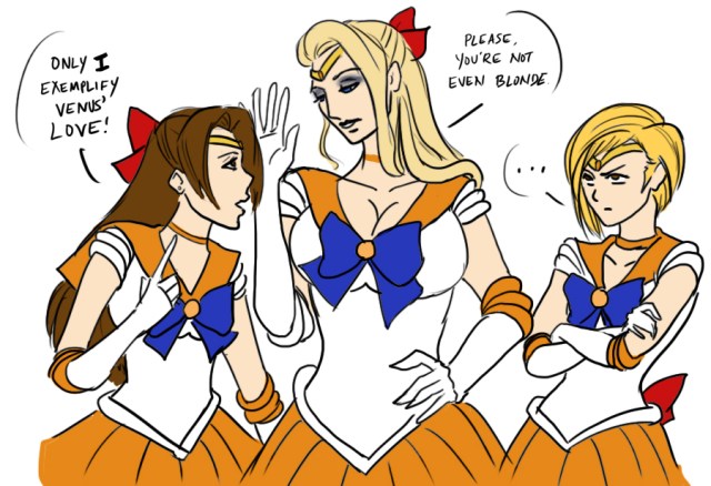 Jessie, Scarlet, and Elena all dressed up like Sailor Venus. Jessie says "Only I exemplify Venus' love!" Scarlet says "Please, you're not even blonde" while Elena just looks on annoyed