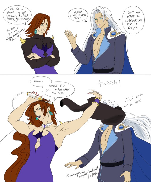 Genesis as Queen Beryl and Sephiroth as Malachite/Kunzite. Genesis is upset about being Beryl until Seph points out that that way, Gen outranks him. At that point, Genesis becomes much more enthusiastic, curling his hair on the spot.