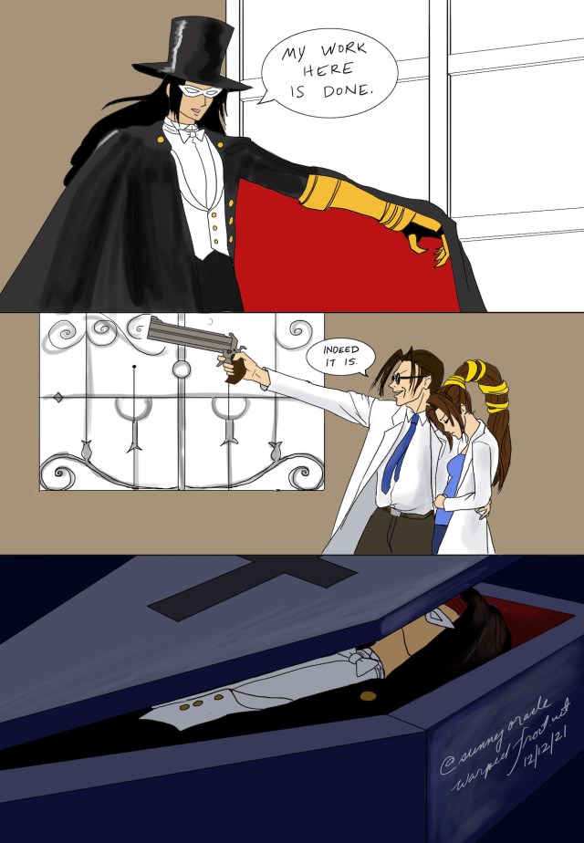 Vincent as Tuxedo Mask playing out the "My work here is done" meme, only the next panel shows Hojo pointing a gun up at him saying "Indeed it is" while a pregnant Lucrecia just looks down.