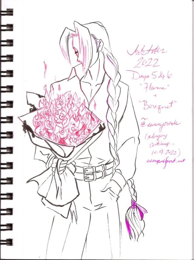 Sephiroth looks bashfully down and to the side while standing casually with one hand in his pants' pocket. He's holding a bouquet of fire he's conjured into the shape of flowers.