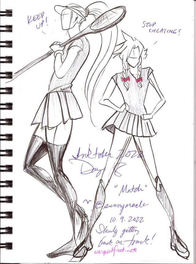 Sephiroth and Cloud vogue while wearing the tennis skirt trend. Sephiroth's racket has an exceedingly long handle. He says "Keep Up!" to which Cloud responds, "Stop Cheating!"