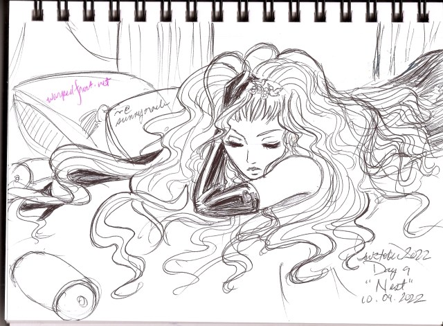 Leyla Serizawa laying in bed with her hair fanning out all around her. There are clips in her hair in the shape of birds near her bangs.