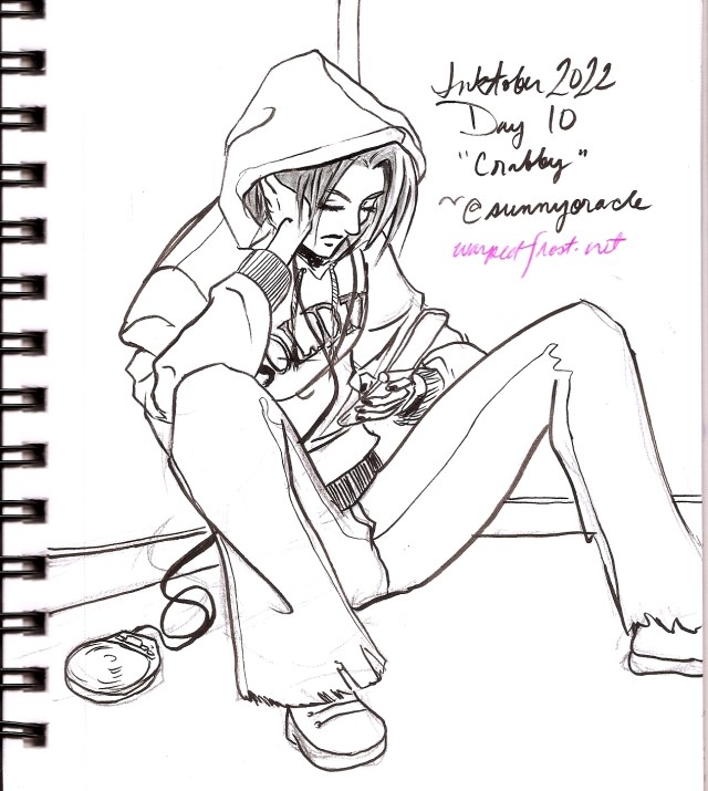 Young Sephiroth sitting in a corner with his hoodie up, listening to music from a portable CD player and scrolling on his flip phone.