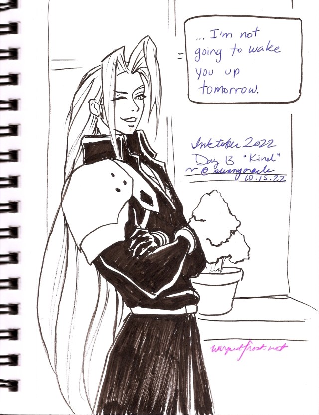 Sephiroth stands with his arms crossed, winking, in front of a bay window with a potted plant in it. In a square dialogue box, he says "I'm not going to wake you up tomorrow."