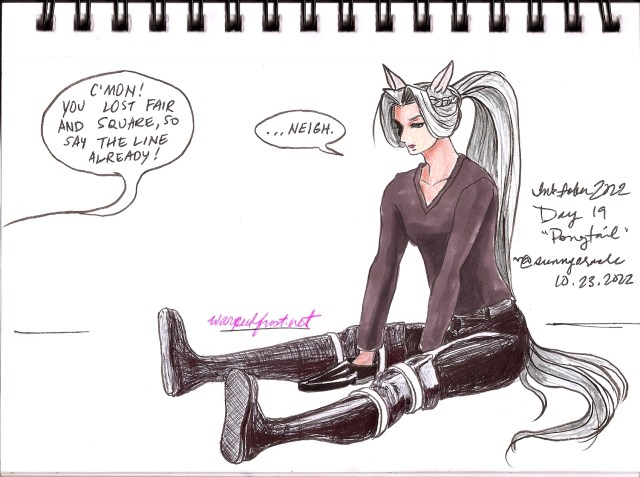 Sephiroth sits on the floor with his legs straight out in front of him. He's wearing horse ears and has his hair in a high ponytail. His hands are inside of black dress shoes. A voice from out of frame says "Come on, you lost fair and square, so say the line already!" to which Sephiroth replies, "...Neigh."