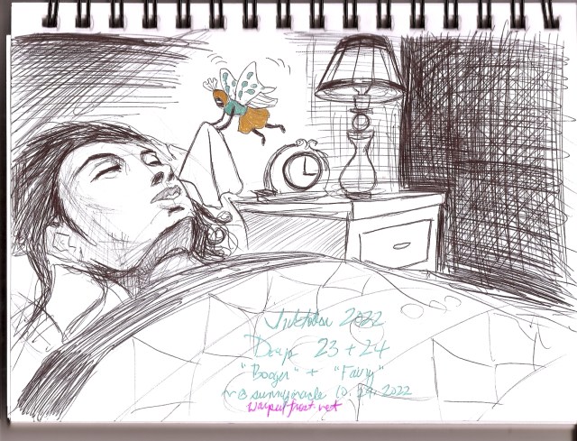 A person is in bed asleep as a little fairy dressed in green and gold approaches their nose with a tissue. In the background is a nightstand with a lamp and a clock, which reads 3 o'clock.