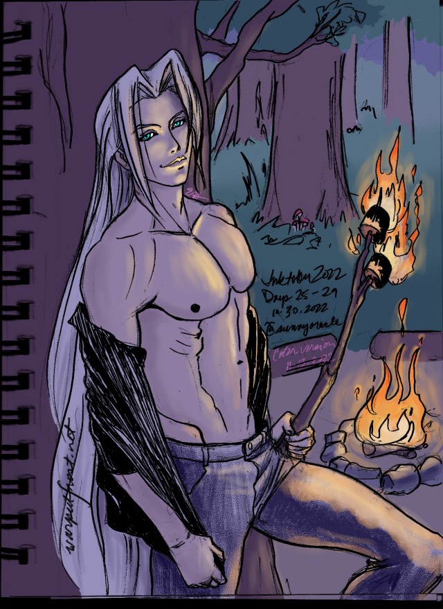 A digitally colored version of the Days 25 through 29 illustration. Iin color, we can tell it is night time at the camp site.