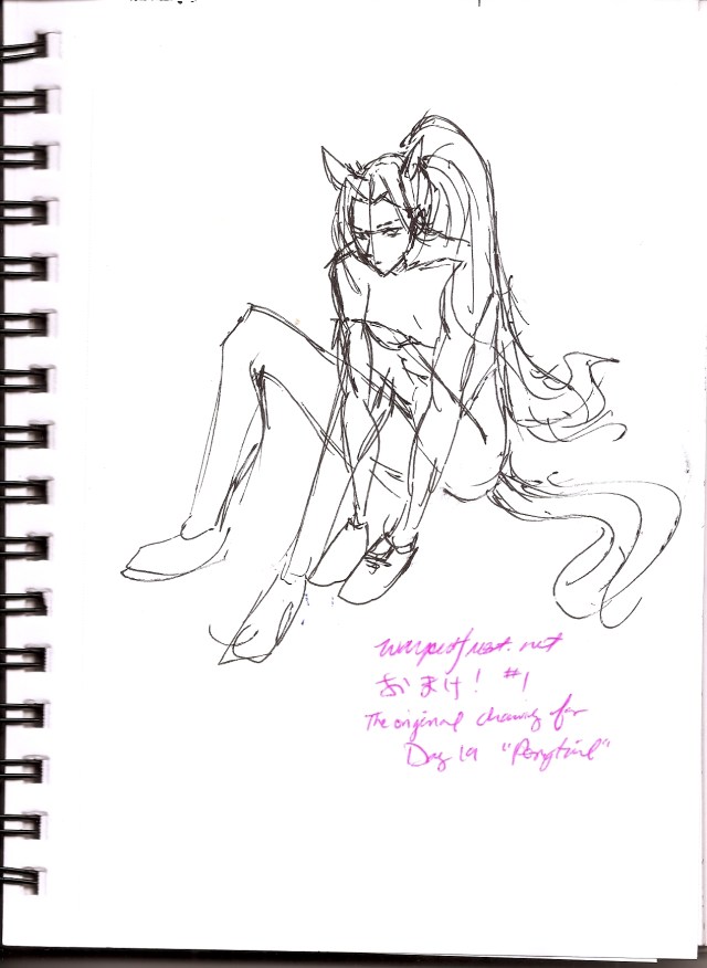 A rough sketch of Sephiroth in the horse pose. In this original sketch, from a different angle, it's clearer that he has his hands inside of shoes.