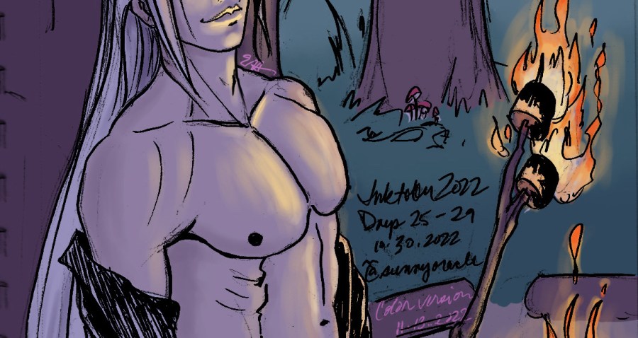 A man's exposed torso and confident smirk are lit by flaming marshmallows on a stick.