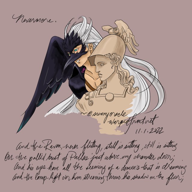 Behind a bust of Pallas Athena, we see Sephiroth's head, black wing, and a bit of his torso. He's wearing a plague doctor-style bird mask. In the upper left is handwritten in cursive "Nevermore," while at the bottom of the image is the last verse of Edgar Allen Poe's "The Raven."