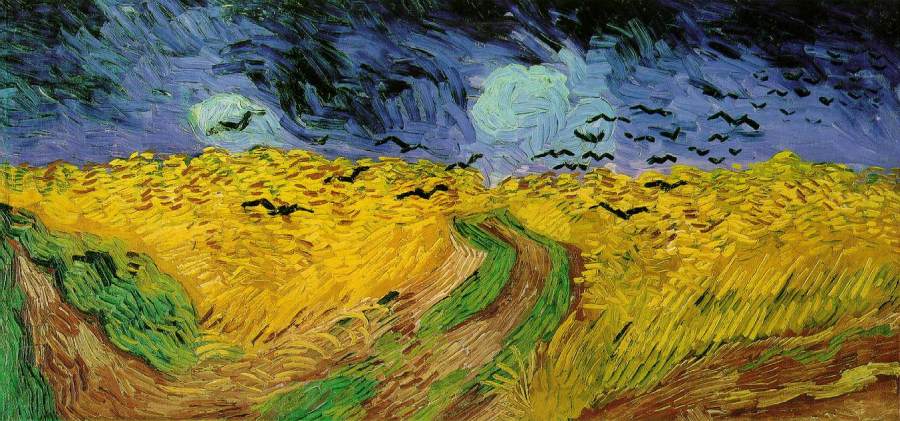 A painting by Vincent van Gogh titled Wheat Field with Crows. It features his signature chunky brushstrokes. A field of yellow wheat fills the bottom of half of the long, rectangular canvas, while a dark blue sky with what appear to be two moons or maybe too clouds fills the upper half. There are many black M shapes in the sky representing crows.