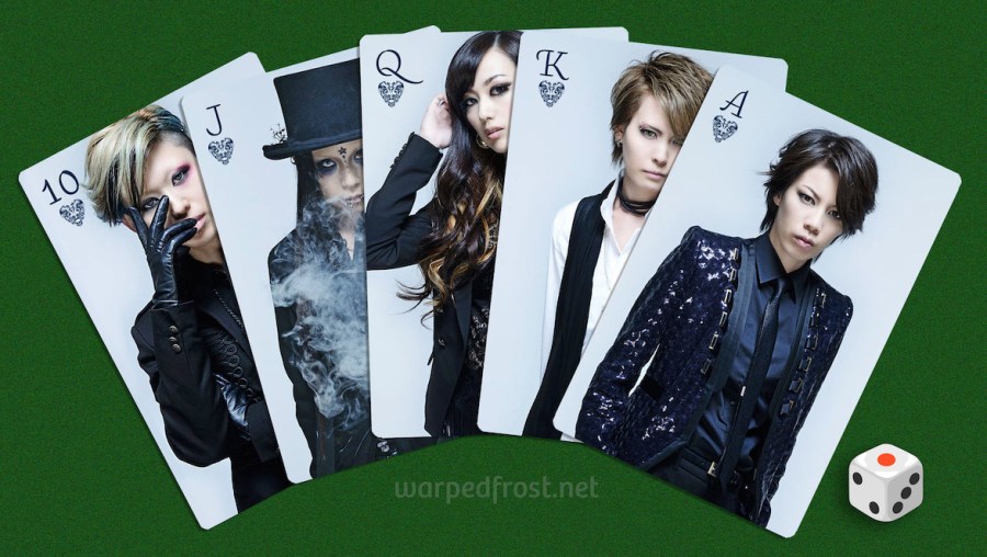 Image showing the members of exist trace on playing cards spread as a royal flush. The 10 is Mally, Jack is Naoto, Queen is miko, King is Omi, and Ace is Jyou. Made using the publicity photos for Royal Straight Magic.