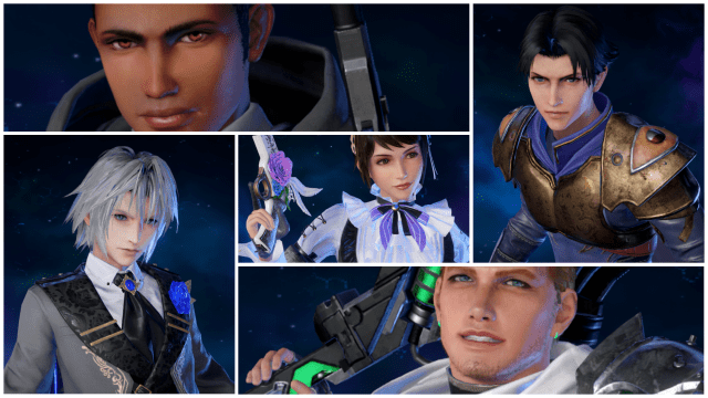 Collage showing the current cast of FFVII Ever Crisis: The First Soldier. In the middle is Lucia. Clockwise from left are Matt, Angeal, Glenn, and Sephiroth.